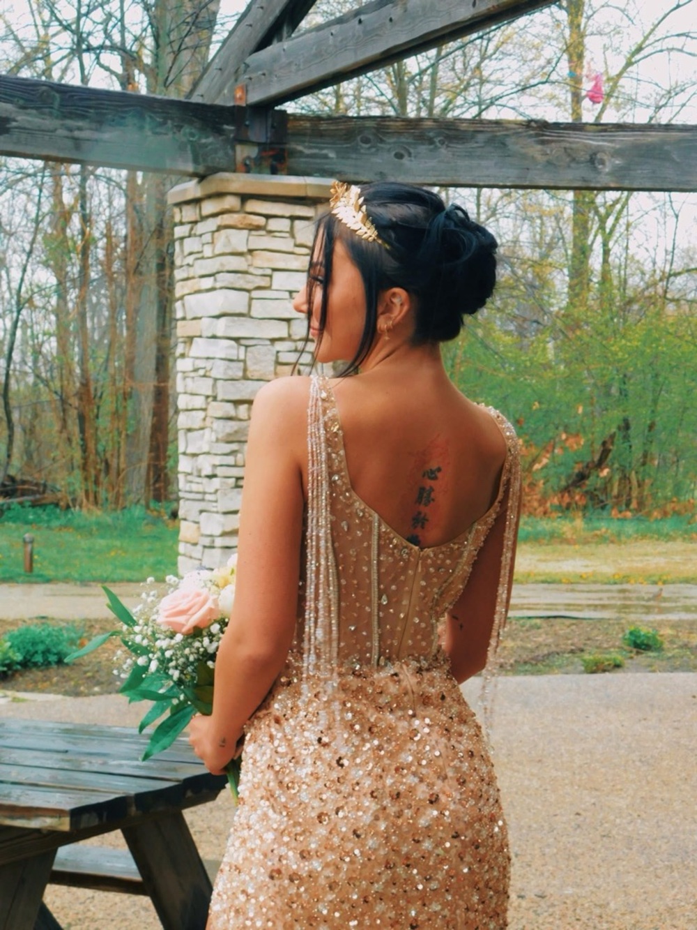 Portia and Scarlett Champagne Beaded Prom Dress